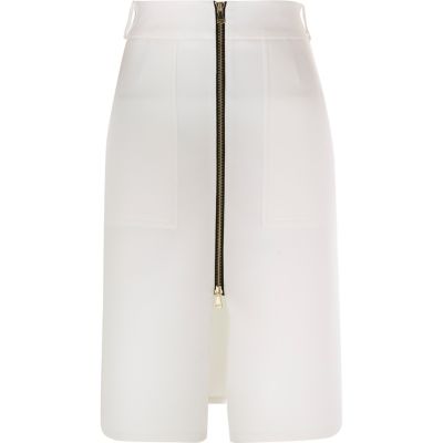 White zip front midi skirt